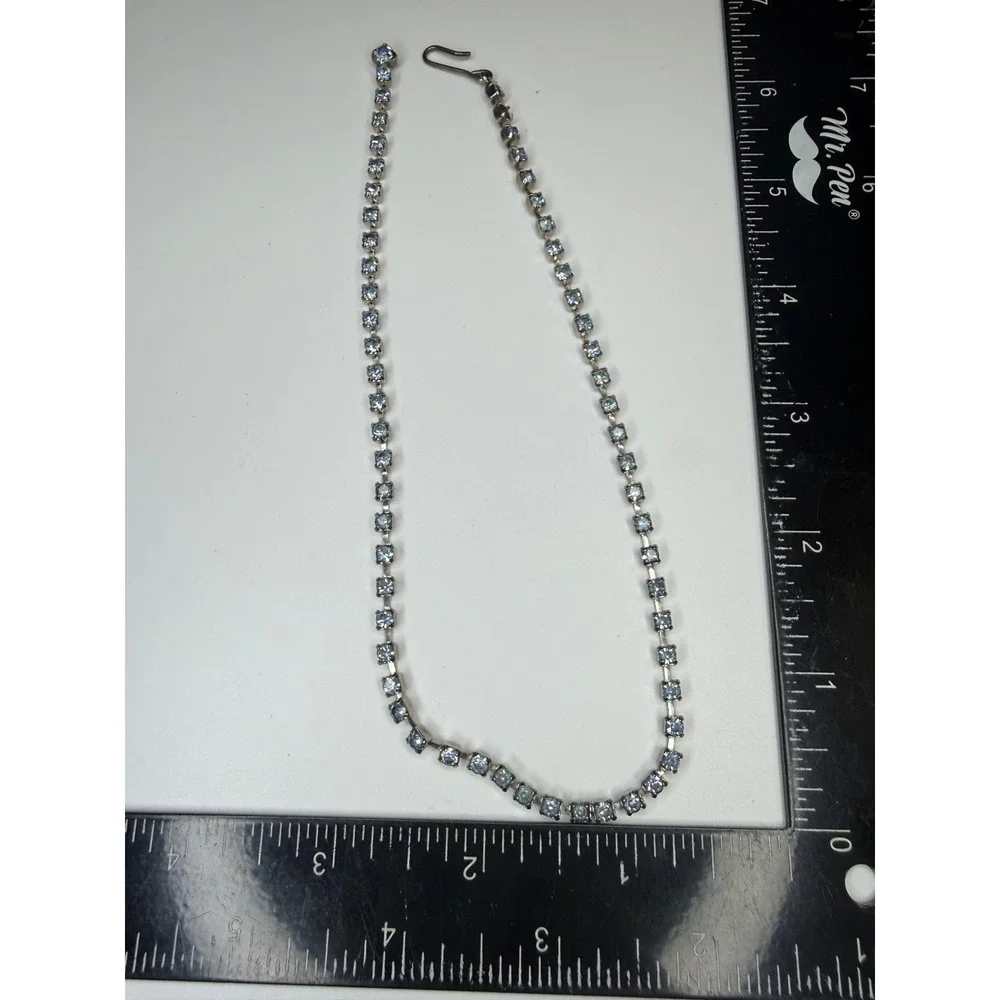 Vintage Light Blue Rhinestone Tennis Choker Necklace Silver Tone Clasp 15.5in
